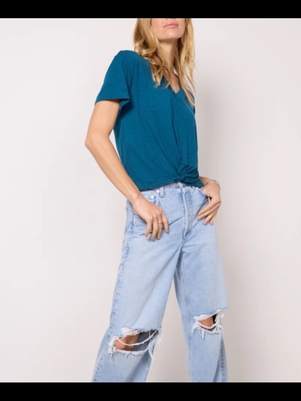 Evereve Teal V-Neck Twist Front Short Sleeve Top Layla Small